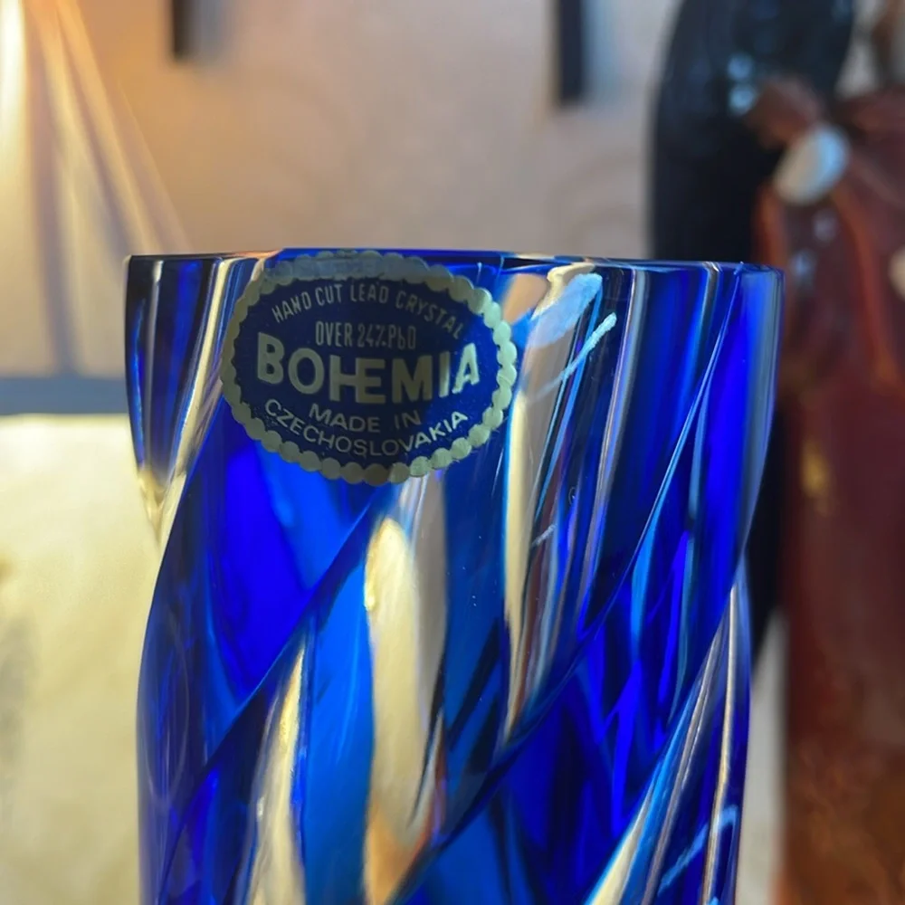 Vintage Bohemia hand cut lead crystal blue swirl vase